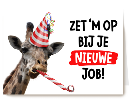 nieuwe baan kaart giraf met feesthoedje