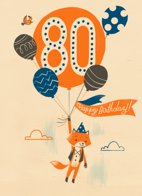 een vos met ballon om 80 jaar te vieren