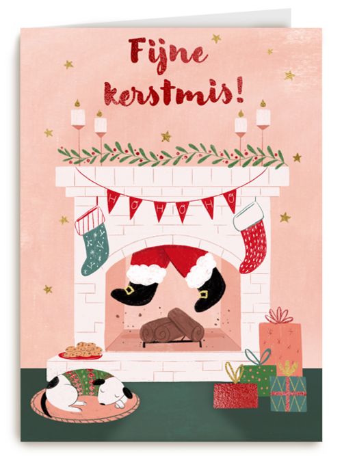 kerstkaart met kerstman in schoorsteen
