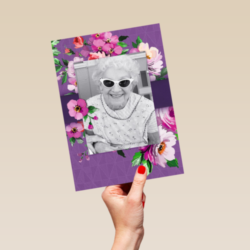 fotokaart staand paars met bloemen