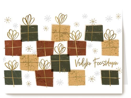kerstkaart met kerstcadeaus en ijssterren