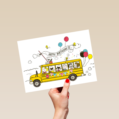 Snoopy verjaardagskaart schoolbus