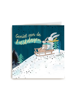 kerstkaart konijn op slee