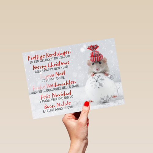 Kerstkaart meertalig muis met kerstbal