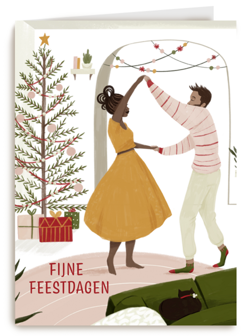 Kerstkaart dansen bij de kerstboom