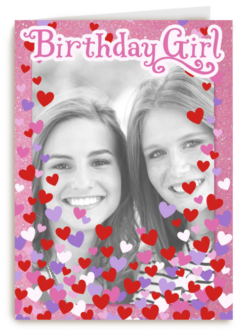 fotokaart birthday girl roze met hartjes