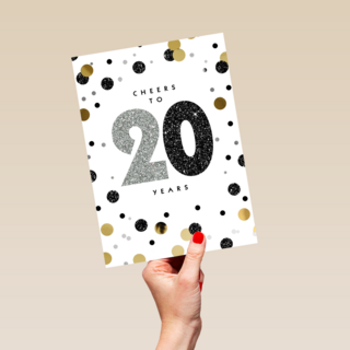 Verjaardagskaart leeftijden Cheers to 20 years wit en goud