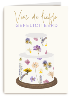 huwelijkskaart met grote taart en de tekst vier de liefde gefeliciteerd