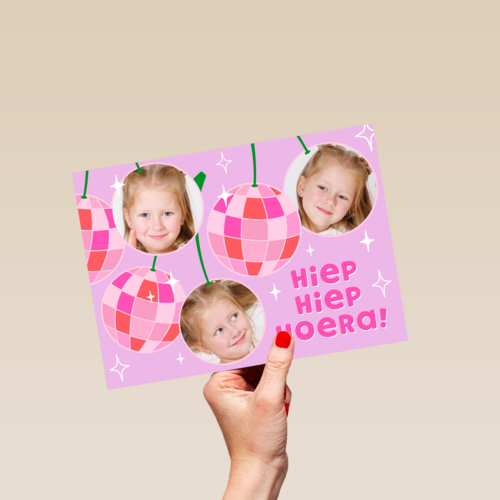 Hiep Hiep Hoera fotokaart discobal