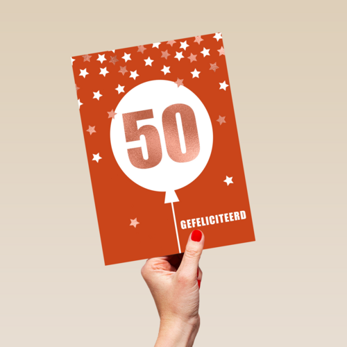 Verjaardagskaart leeftijden 50 ballon rood