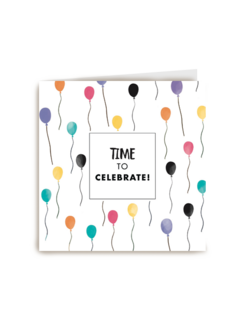 time to celebrate kaart met gekleurde vrolijke ballonnen