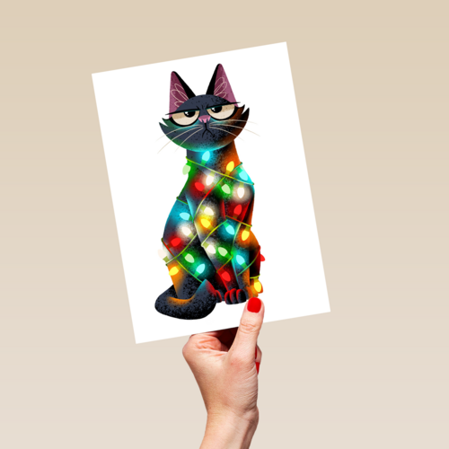 kerstkaart grappig kat met kerstlichtjes folio