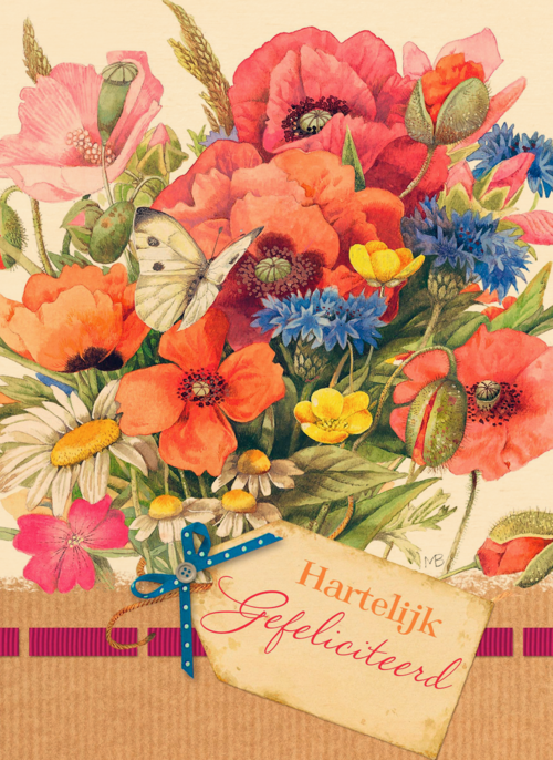 boeket met kaartje hartelijk gefeliciteerd