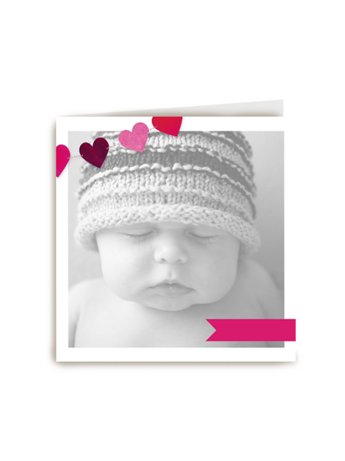 fotokaart vierkant baby kaart roze hartjes