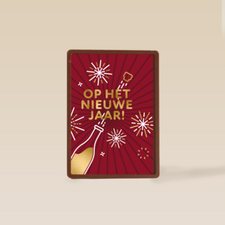 nieuwjaarskaart met fles die plopt en vuurwerk