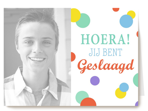 fotokaart hoera jij bent geslaagd gekleurde stippen