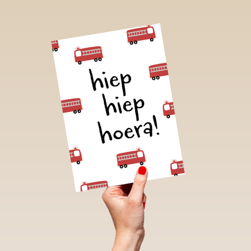 verjaardagskaart brandweerauto hiep hiep hoera