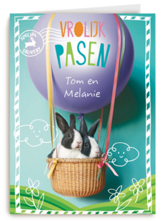 vrolijk pasen kaart met luchtballon en 2 konijnen