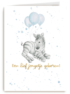 Babykaart zoon Zebra met blauwe ballonnen