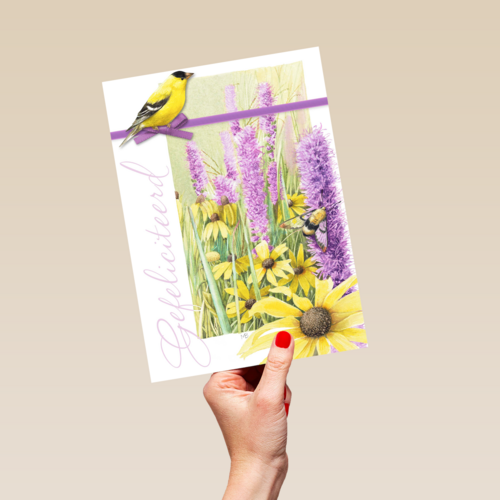 gele vogel met paarse bloemen