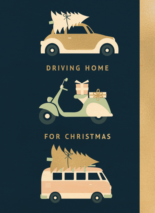 Houten kaart Kerst | Hallmark | Houten kaart Kerst | Hallmark | Kerstkaart klassiek auto scooter bus driving home for christmas
