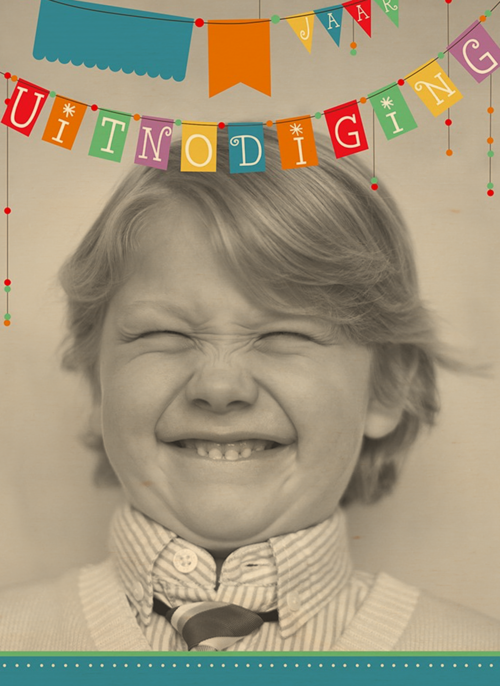 Houten Kaart Kinderfeest | Houten Kaart Hallmark | Kinderfeest | Fotokaart Uitnodiging Gekleurde Vlaggetjes