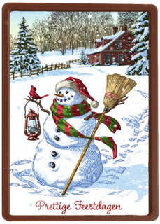 Kerstkaart sneeuwpop in sneeuw prettige feestdagen