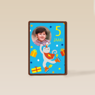 Feestende kat 5 jaar fotokaart