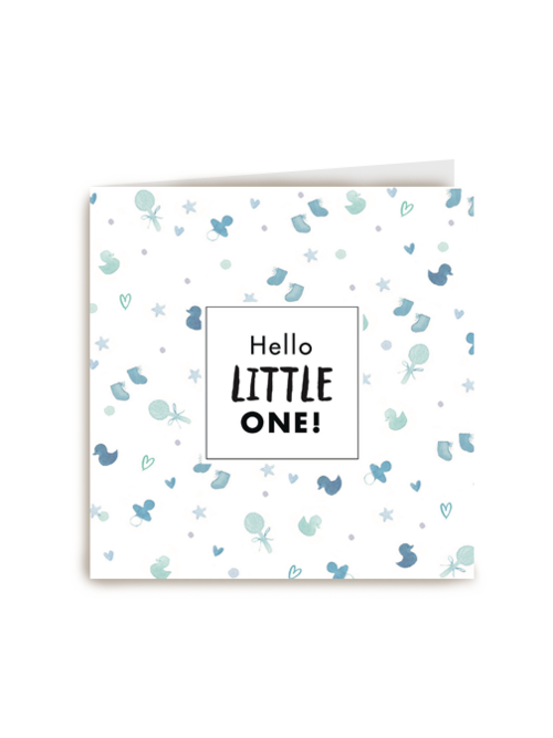 blauwe kaart hello little one met badeend sokjes en een speen