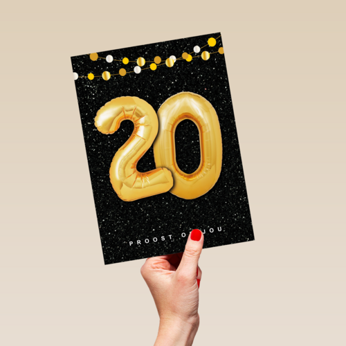 Verjaardagskaart leeftijden 20 ballonletters