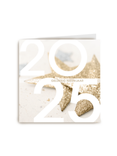 nieuwjaarskaart met gouden sterren en tekst gelukkig nieuwjaar 2025