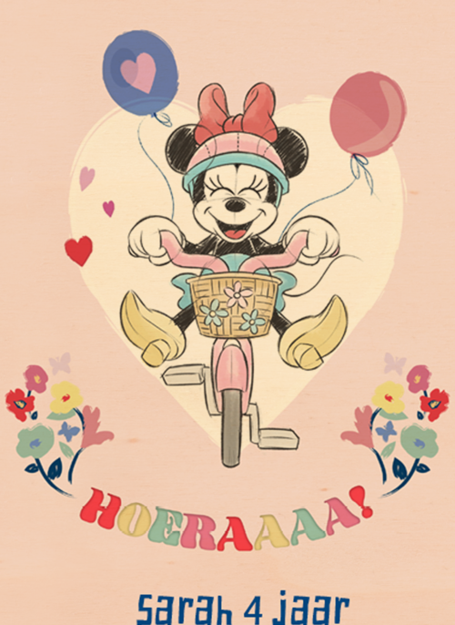 Verjaardagskaart Minnie Mouse op fiets