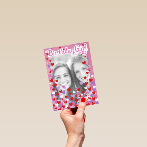 fotokaart birthday girl roze met hartjes