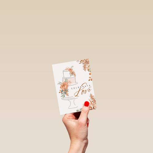 klassieke trouwkaart met taart en bloemen