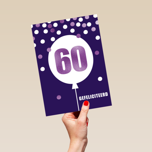 Verjaardagskaart leeftijden 60 paars ballon