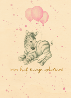 Babykaart dochter Zebra met roze ballonnen