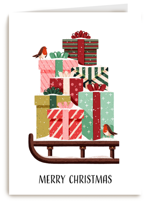 kerstkaart hip slee met cadeautjes folio