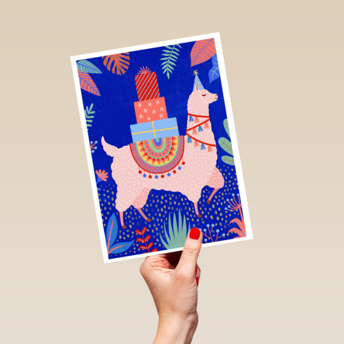 Verjaardagskaart tiener meisje lama met cadeautjes