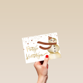 kerstkaart met goudkleurige sneeuwpop