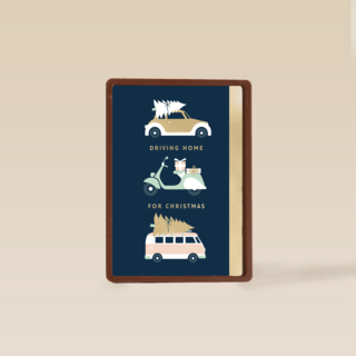 kerstkaart klassiek auto scooter bus driving home for christmas
