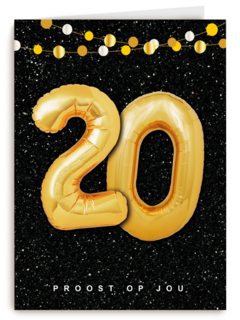 Verjaardagskaart leeftijden 20 ballonletters