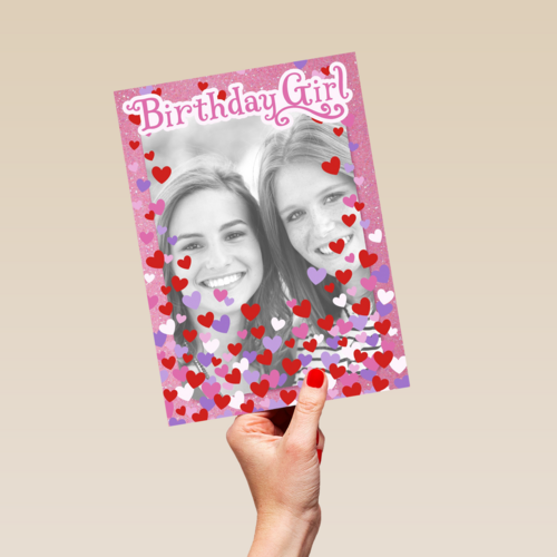 fotokaart birthday girl roze met hartjes