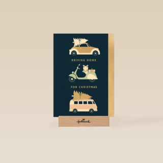 kerstkaart klassiek auto scooter bus driving home for christmas