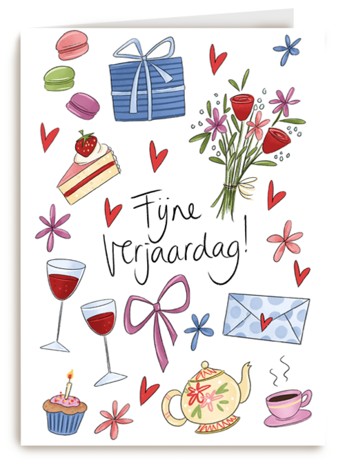 verjaardag kaart matia fijne verjaardag bloemen wijn taart