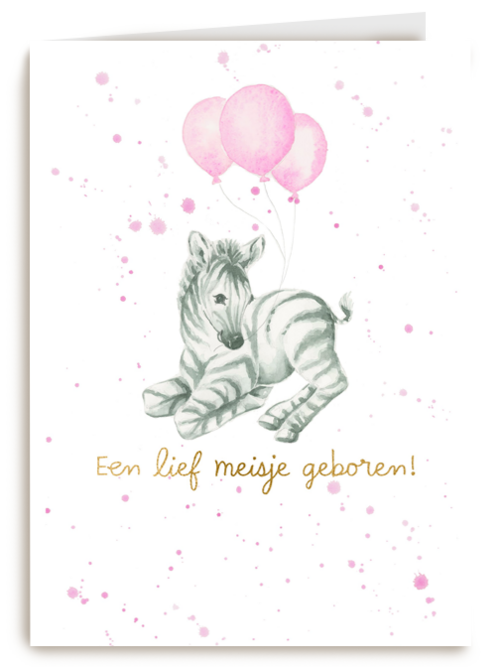 Babykaart dochter Zebra met roze ballonnen