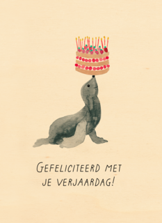 Zeeleeuw met taart verjaardagskaart
