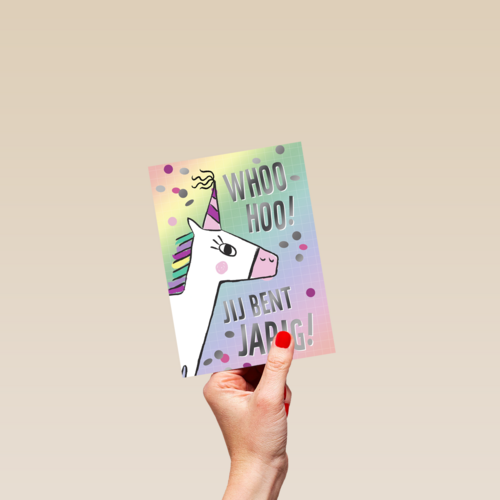 woohoo jij bent jarig met een regenboog eenhoorn