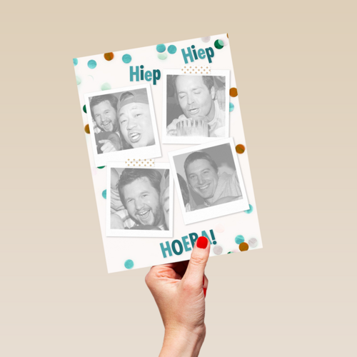 fotokaart staand hiep hiep hoera polaroid