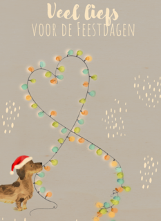 kerstkaart met hond en kerstverlichting