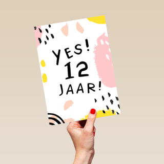 Verjaardagskaart meisje 12 yes roze geel